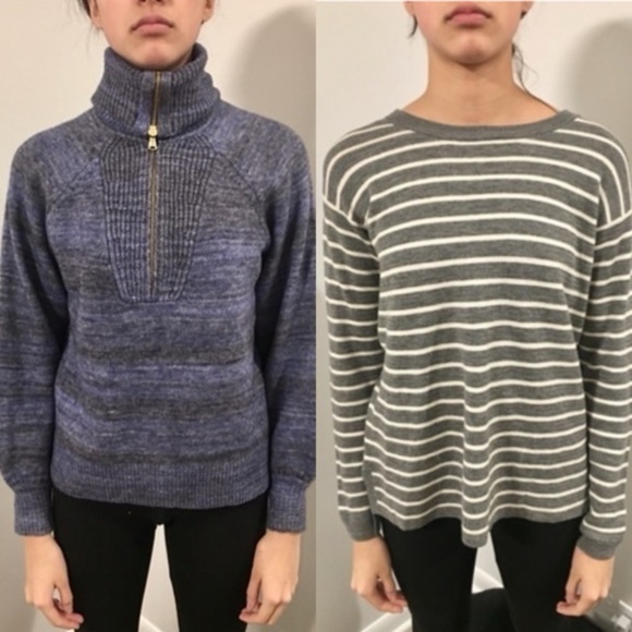 Lot of 2 J CREW Sweaters Blue Zip Turtleneck, Gray Striped Elbow Patches Medium - Picture 2 of 15